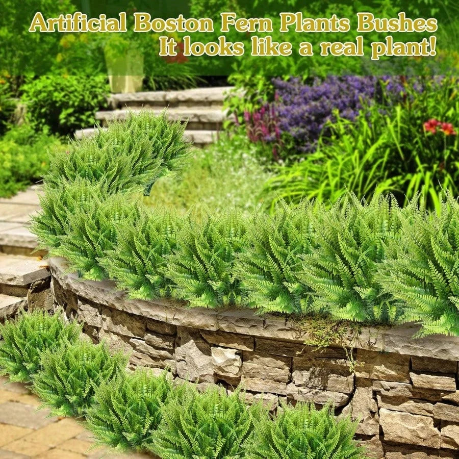 Bulk 10 Bundles Artificial Boston Fern Plants – UV Resistant Outdoor Faux Shrubs for Porch, Window Boxes & Hanging Décor (Bulk)