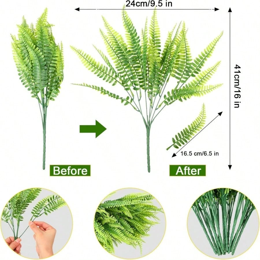 Bulk 10 Bundles Artificial Boston Fern Plants – UV Resistant Outdoor Faux Shrubs for Porch, Window Boxes & Hanging Décor (Bulk)