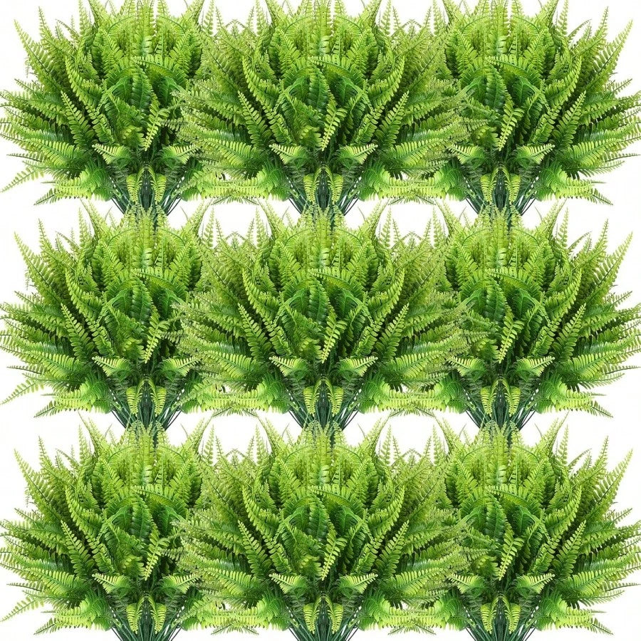 Bulk 10 Bundles Artificial Boston Fern Plants – UV Resistant Outdoor Faux Shrubs for Porch, Window Boxes & Hanging Décor (Bulk)