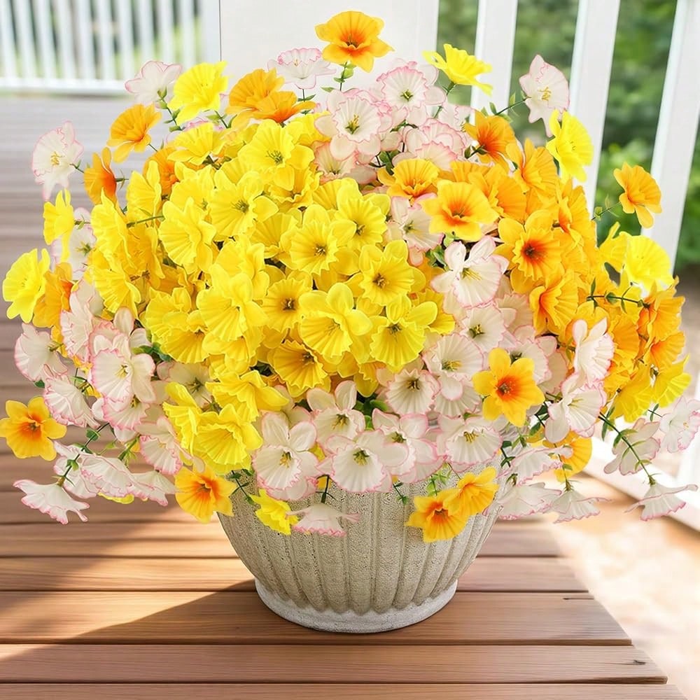 Bulk 12 Bundles Artificial Daffodil Flowers – UV Resistant Faux Yellow, White & Orange Outdoor Plants for Planters, Porch & Garden Décor