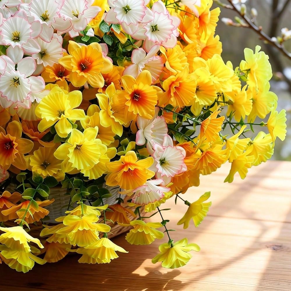Bulk 12 Bundles Artificial Daffodil Flowers – UV Resistant Faux Yellow, White & Orange Outdoor Plants for Planters, Porch & Garden Décor