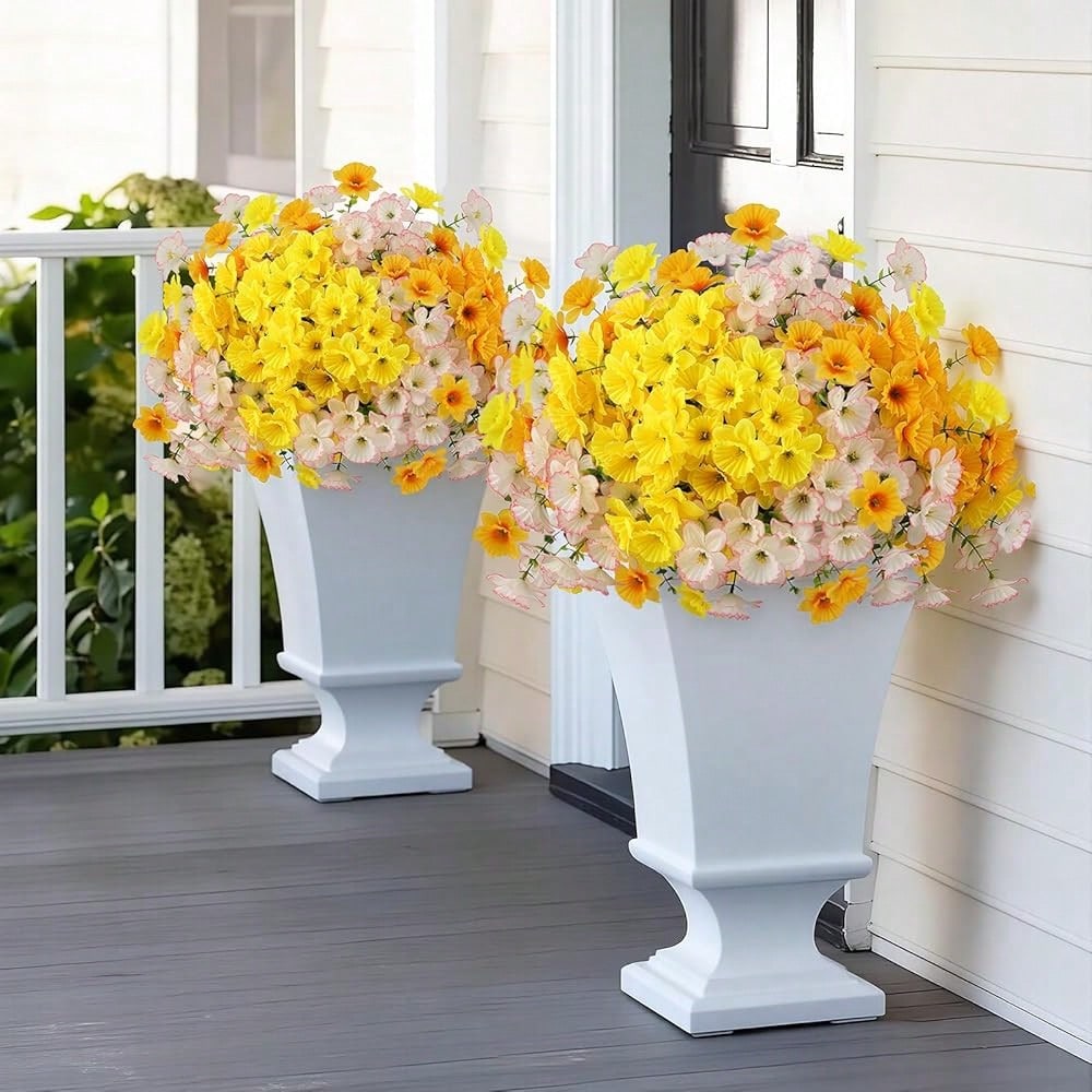 Bulk 12 Bundles Artificial Daffodil Flowers – UV Resistant Faux Yellow, White & Orange Outdoor Plants for Planters, Porch & Garden Décor