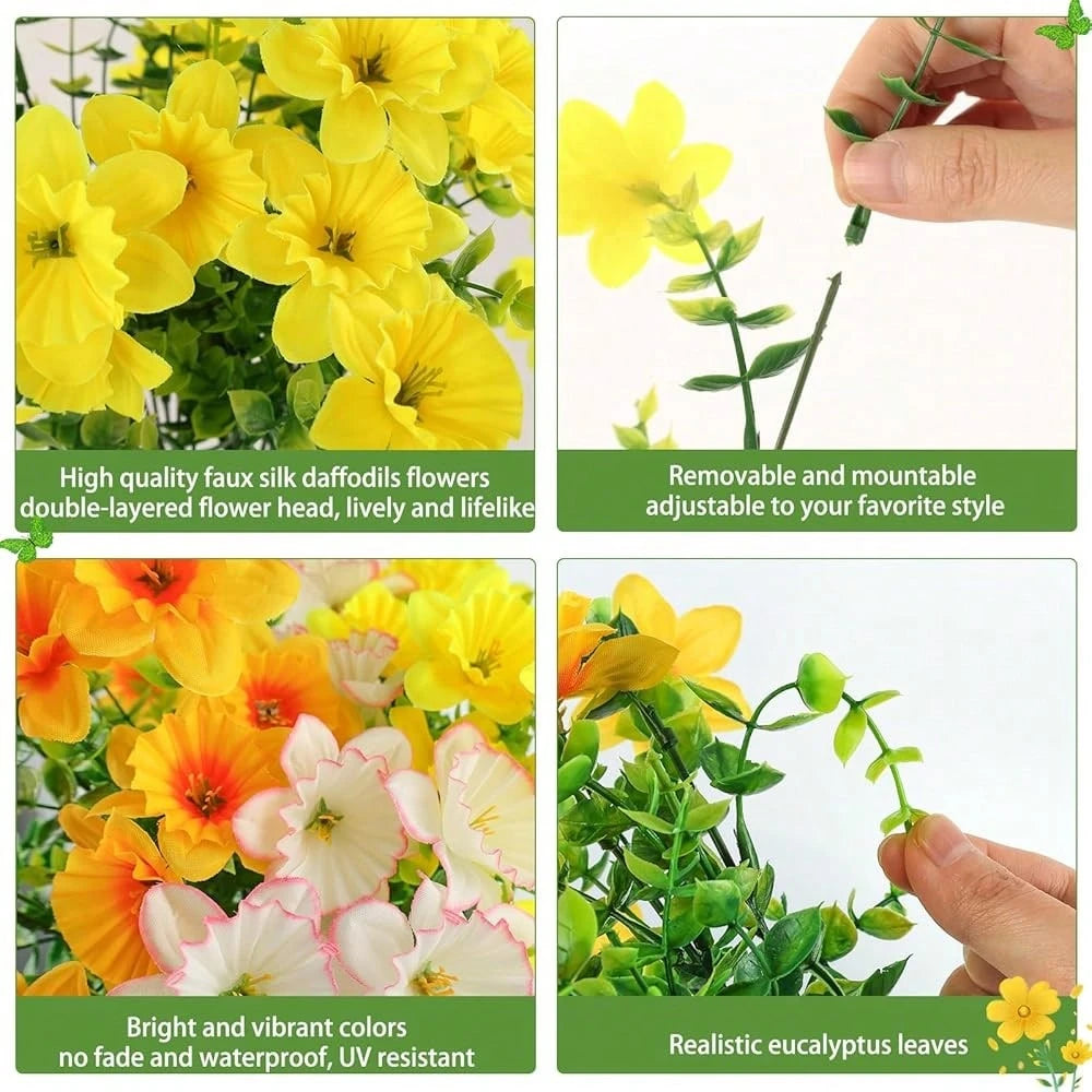 Bulk 12 Bundles Artificial Daffodil Flowers – UV Resistant Faux Yellow, White & Orange Outdoor Plants for Planters, Porch & Garden Décor