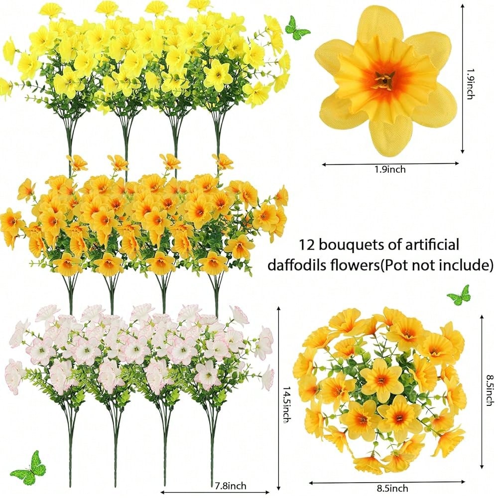 Bulk 12 Bundles Artificial Daffodil Flowers – UV Resistant Faux Yellow, White & Orange Outdoor Plants for Planters, Porch & Garden Décor