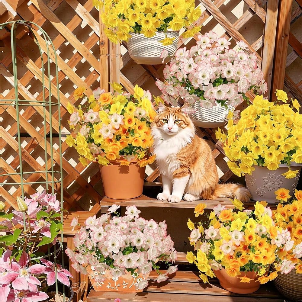 Bulk 12 Bundles Artificial Daffodil Flowers – UV Resistant Faux Yellow, White & Orange Outdoor Plants for Planters, Porch & Garden Décor