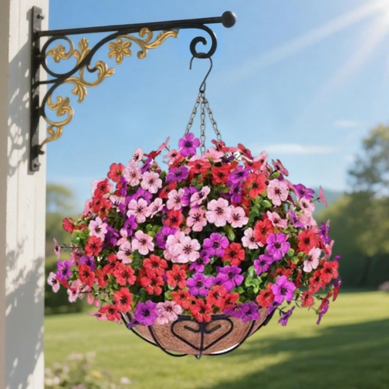 Artificial Hanging Flower Basket with Chain – UV Resistant Silk Flower Arrangement in Coconut Lined Planter for Indoor Outdoor Porch, Patio, Yard & Home Decor