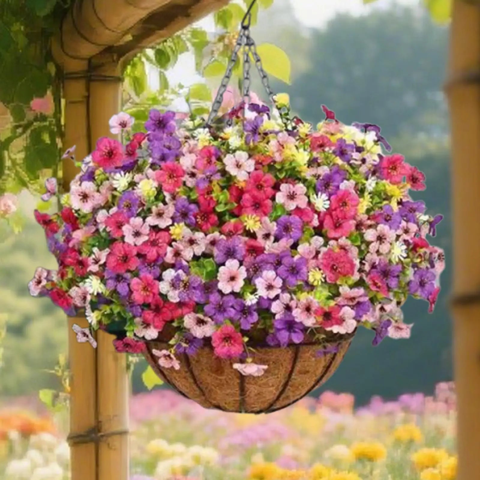 Artificial Hanging Flower Basket with Chain – UV Resistant Silk Flower Arrangement in Coconut Lined Planter for Indoor Outdoor Porch, Patio, Yard & Home Decor
