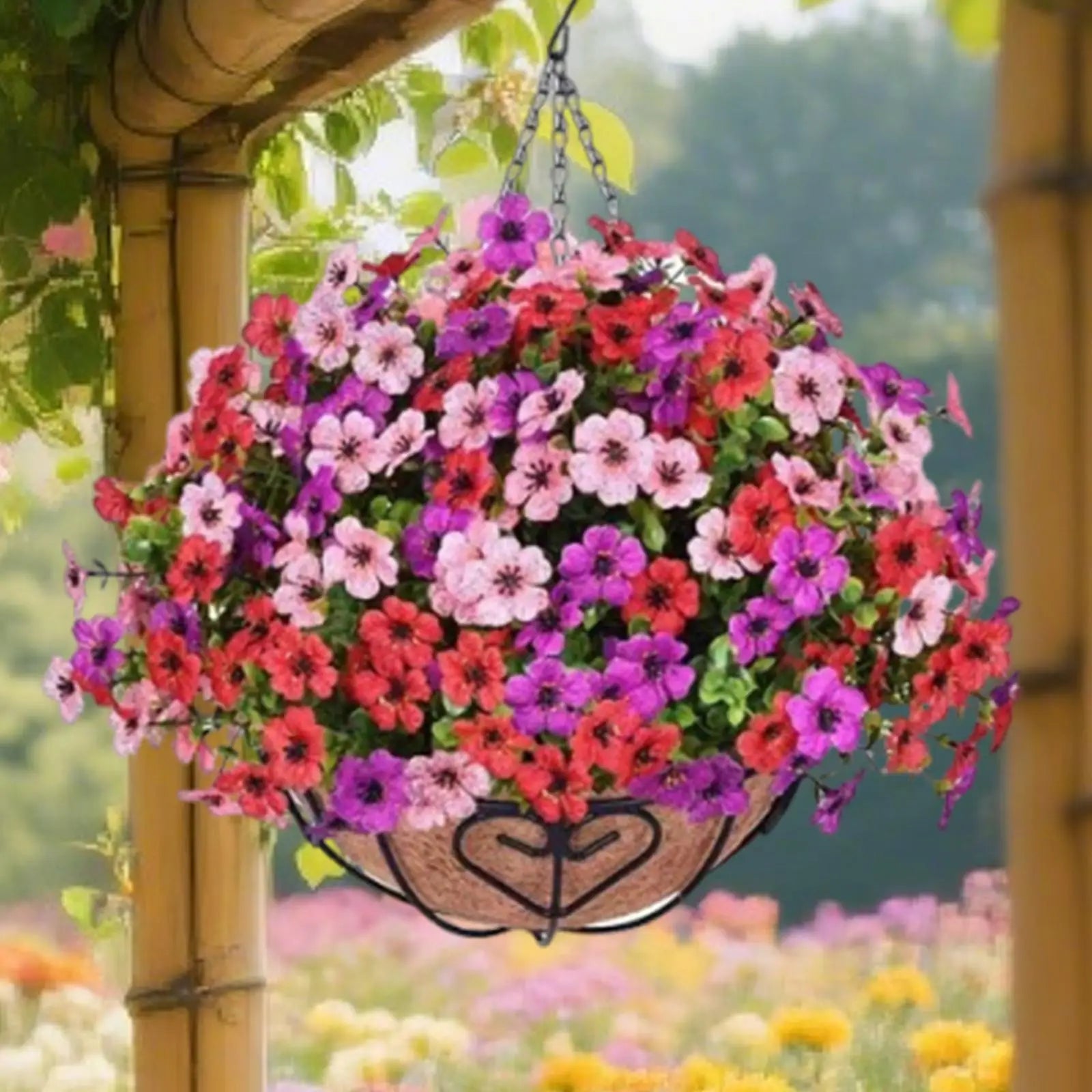 Artificial Hanging Flower Basket with Chain – UV Resistant Silk Flower Arrangement in Coconut Lined Planter for Indoor Outdoor Porch, Patio, Yard & Home Decor