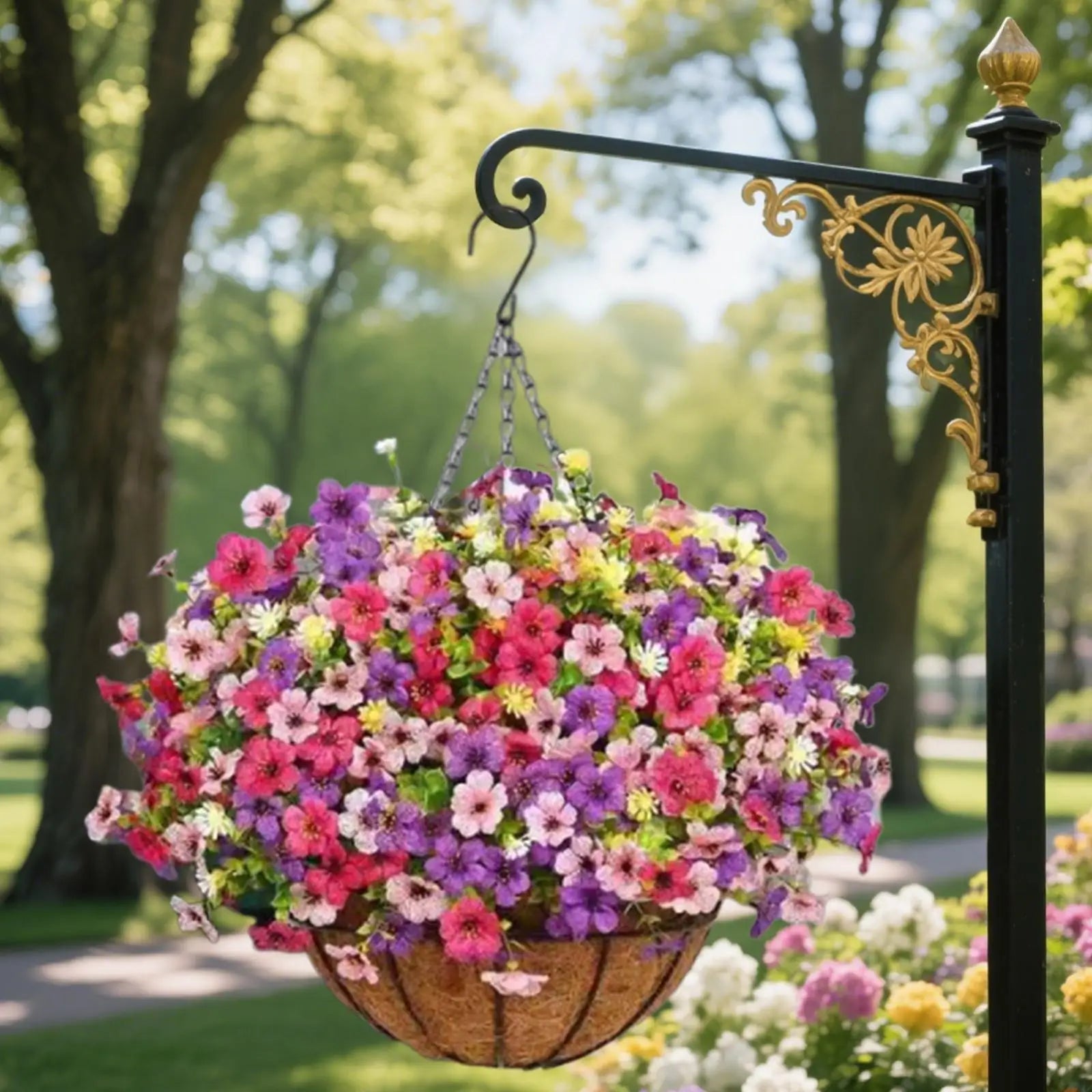 Artificial Hanging Flower Basket with Chain – UV Resistant Silk Flower Arrangement in Coconut Lined Planter for Indoor Outdoor Porch, Patio, Yard & Home Decor