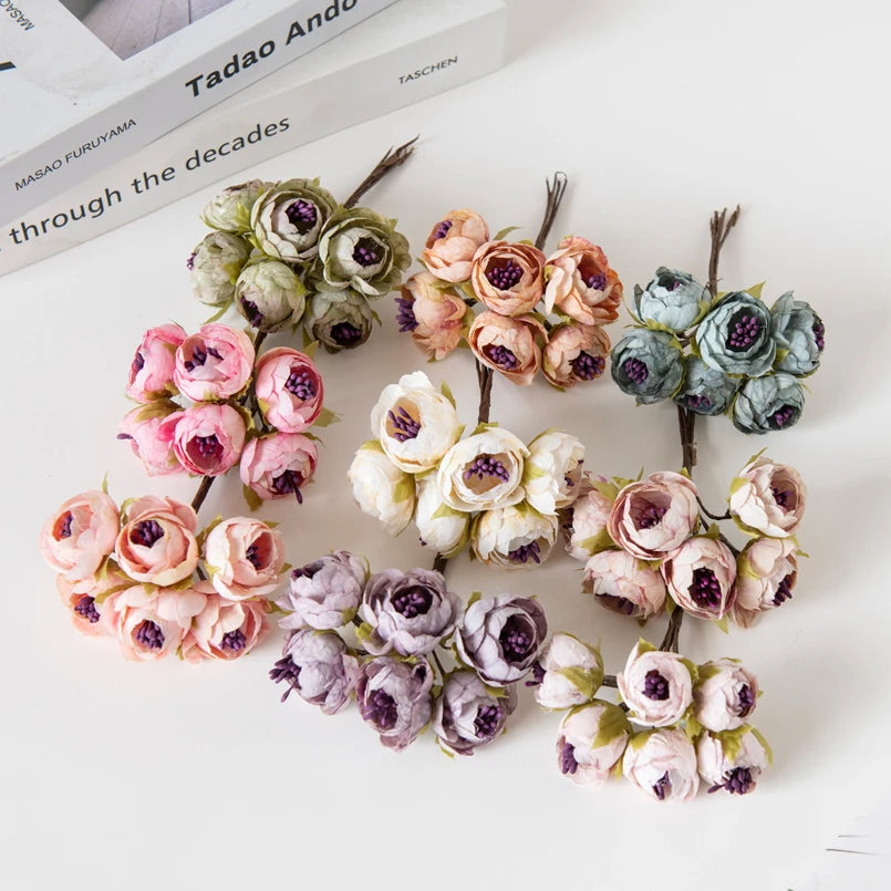 12PCS Artificial Tea Rose Buds – Silk Faux Flowers for Christmas Decorations, DIY Wedding Bouquets, Garland Making, Home Decor Accessories