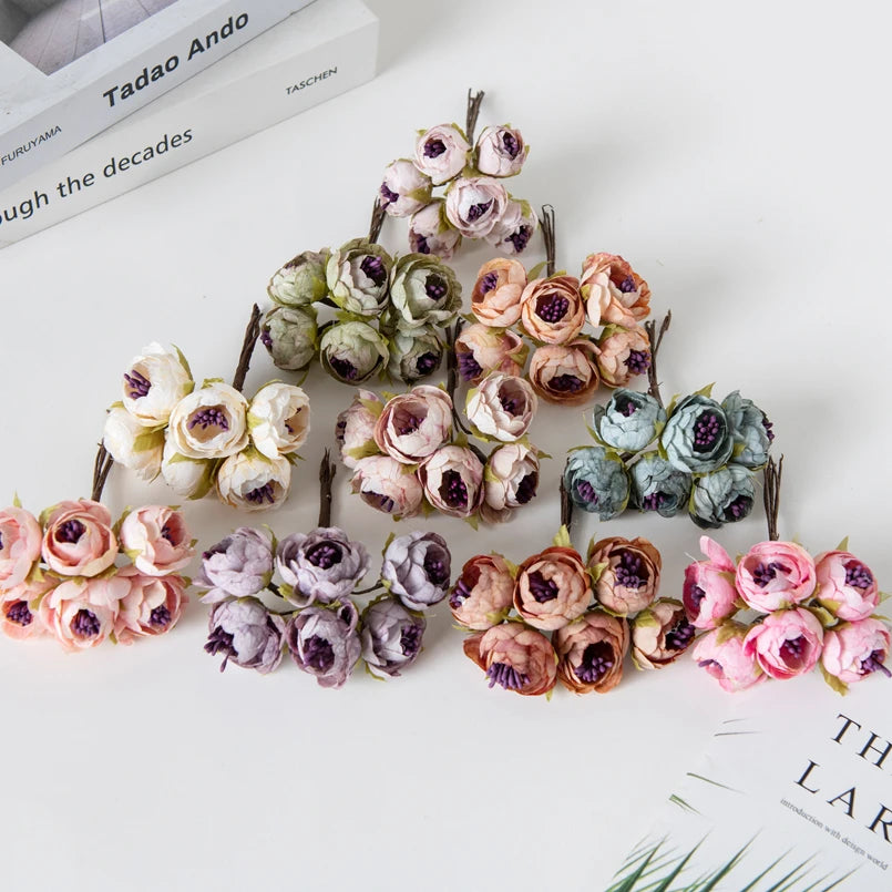 12PCS Artificial Tea Rose Buds – Silk Faux Flowers for Christmas Decorations, DIY Wedding Bouquets, Garland Making, Home Decor Accessories