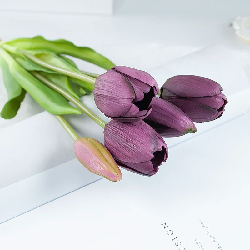 5PCS Real Touch Silicone Tulip Artificial Flower Bouquet Bulk – Latex Faux Tulips