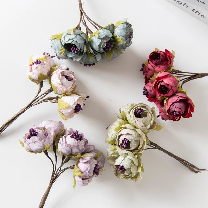 12PCS Artificial Tea Rose Buds – Silk Faux Flowers for Christmas Decorations, DIY Wedding Bouquets, Garland Making, Home Decor Accessories