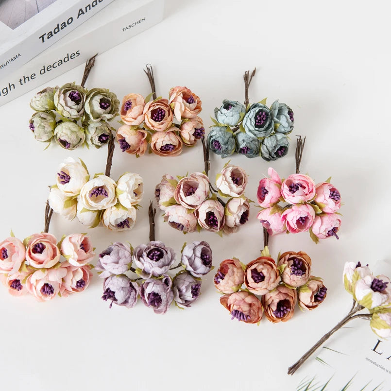 12PCS Artificial Tea Rose Buds – Silk Faux Flowers for Christmas Decorations, DIY Wedding Bouquets, Garland Making, Home Decor Accessories