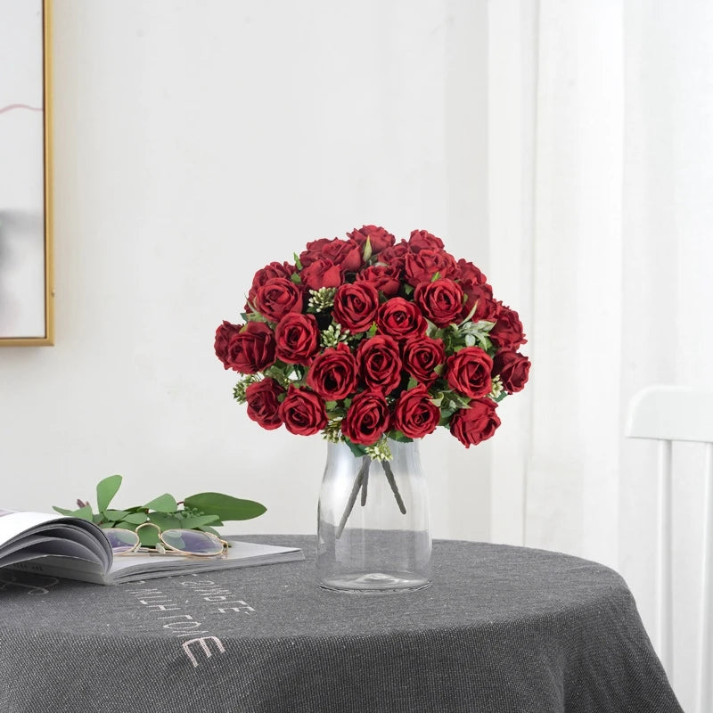 10-Head Artificial White Rose Bouquet Bulk – Silk Fake Flower Bundle for Wedding Decor