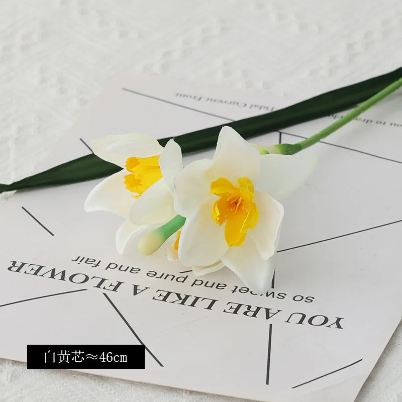 10PCS Artificial Daffodil Flowers – White & Yellow Narcissus Silk Faux Spring Flower Branches for Wedding Decor, Home Arrangement, Outdoor & Photography Props