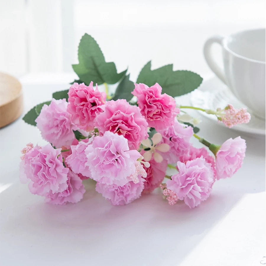 Artificial Small Carnation Bouquet – 5 Fork 15 Head Silk Flowers
