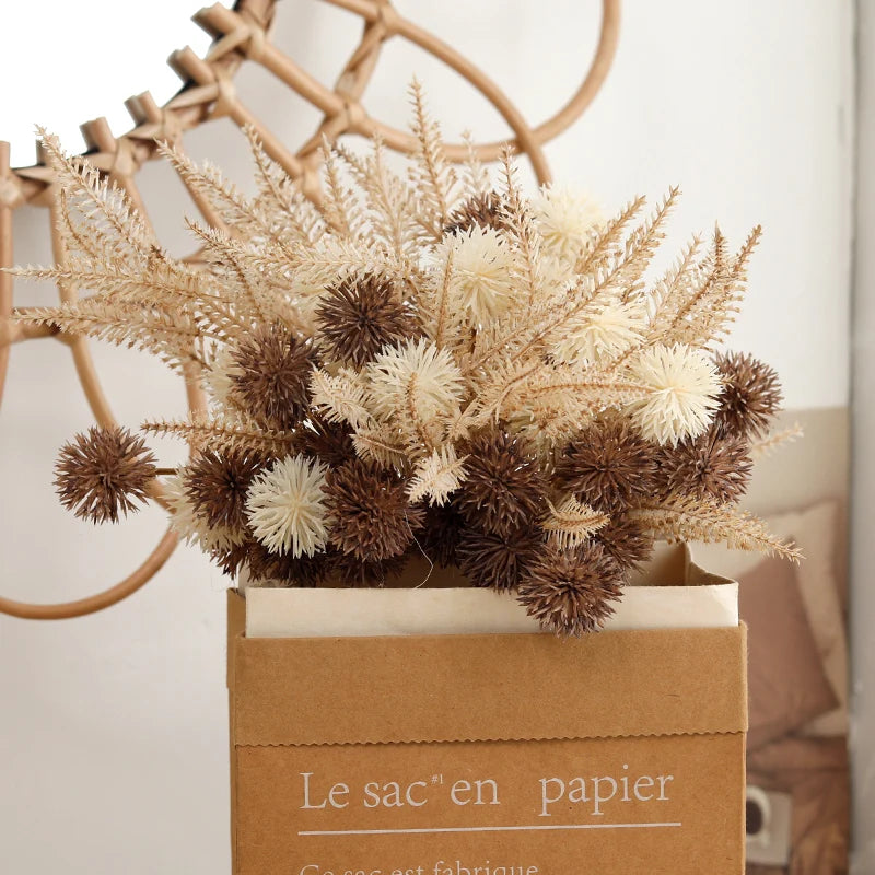 Artificial Prickly Ball Flowers – Brown Pom Pom Mum Fake Flower Branch