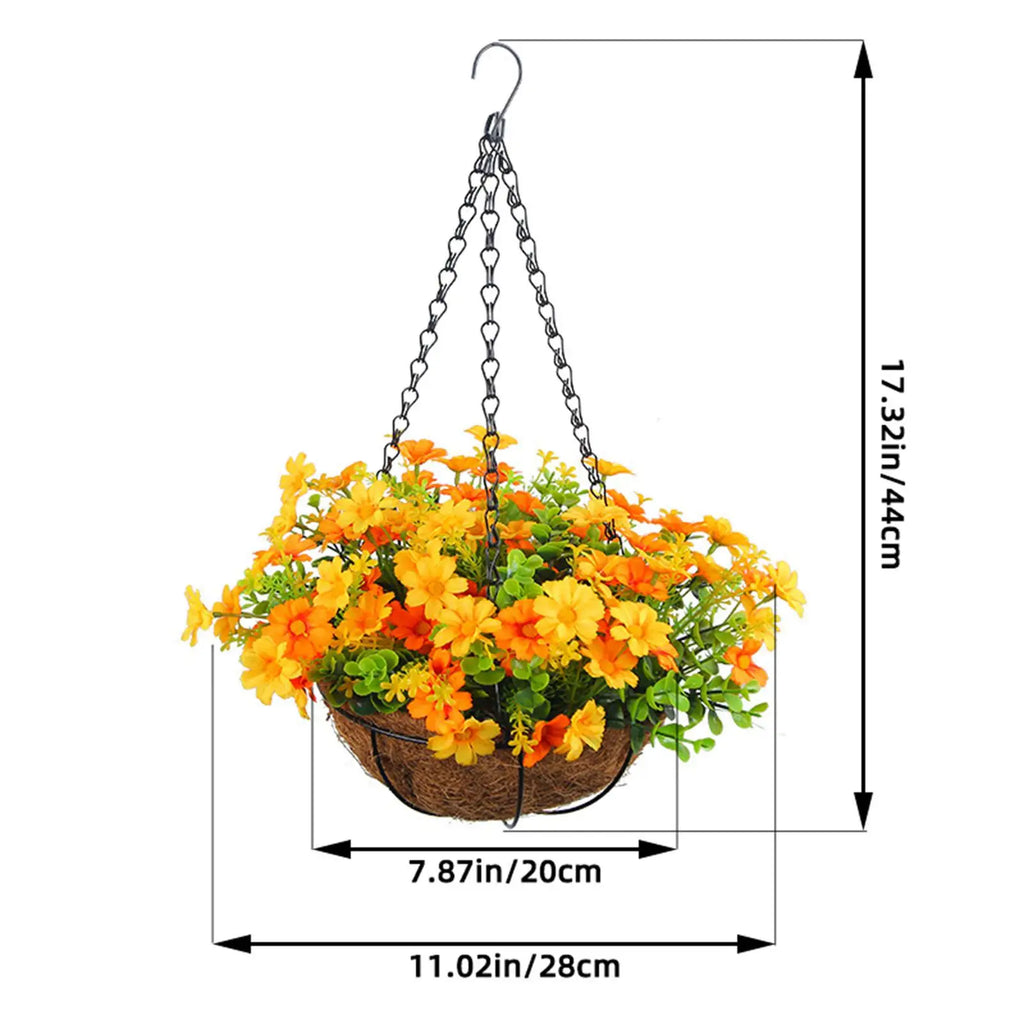 Artificial Hanging Flower Basket with Coconut Liner – Faux Daisy Flower Planter with Chain for Outdoor Patio, Balcony, Porch, Indoor Home Decor