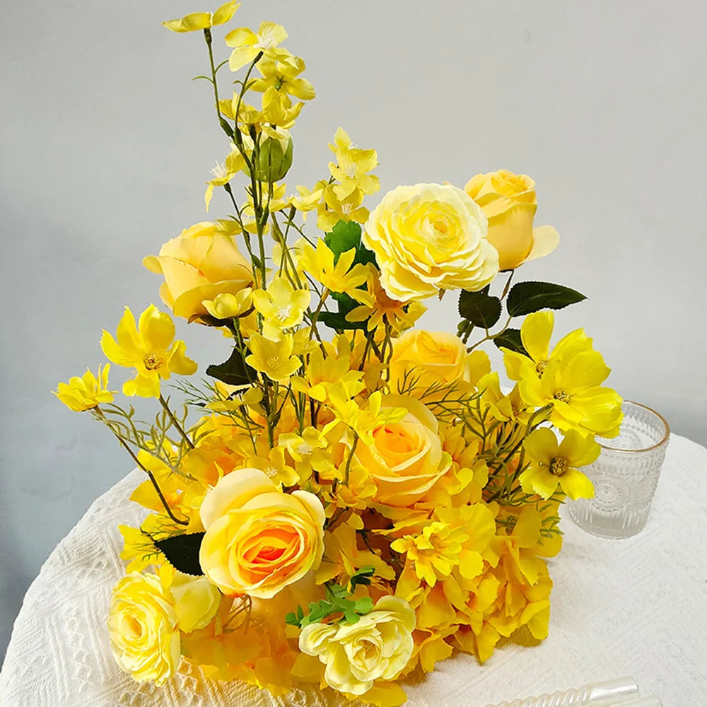 Yellow Artificial Flower Row Garland – Silk Wedding Backdrop Floral Arrangement for Ceremony Arch, Table Runner, Stage & Party Decoration