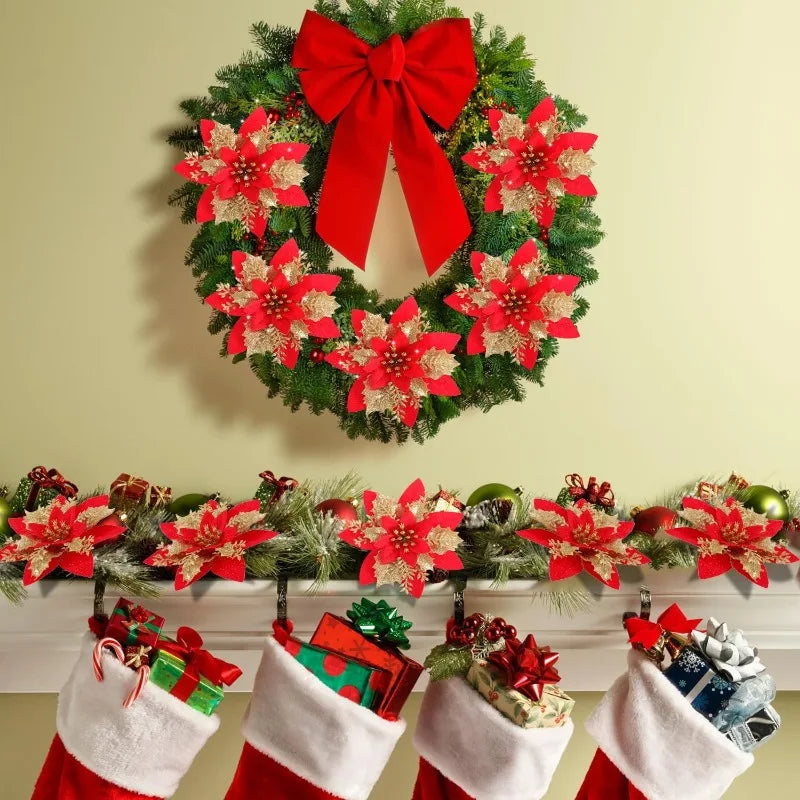 Artificial Poinsettia Flowers Bulk – Red Gold Glitter Christmas Floral