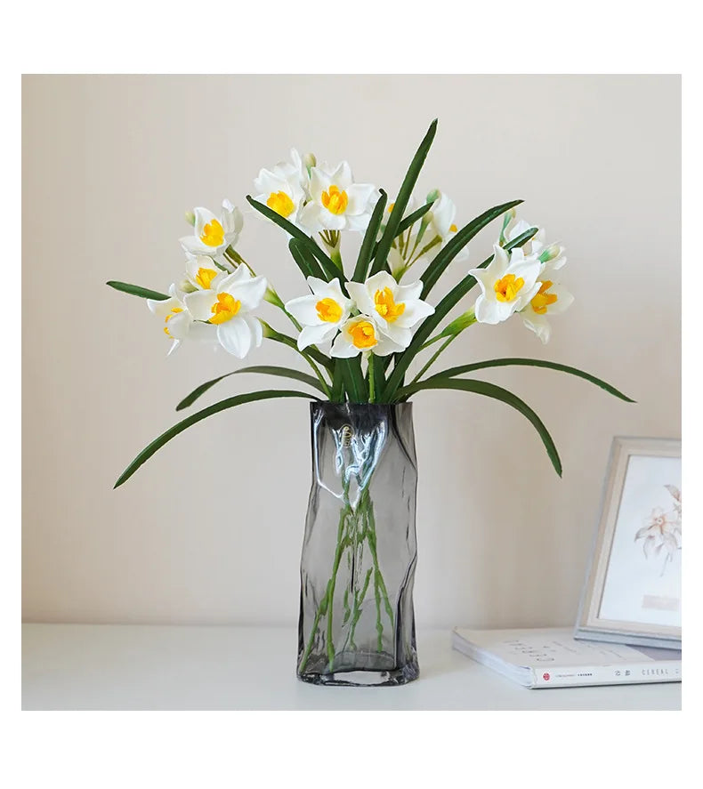 10PCS Artificial Daffodil Flowers – White & Yellow Narcissus Silk Faux Spring Flower Branches for Wedding Decor, Home Arrangement, Outdoor & Photography Props