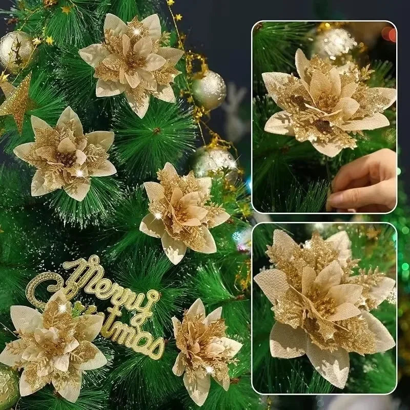 Artificial Poinsettia Flowers Bulk – Red Gold Glitter Christmas Floral