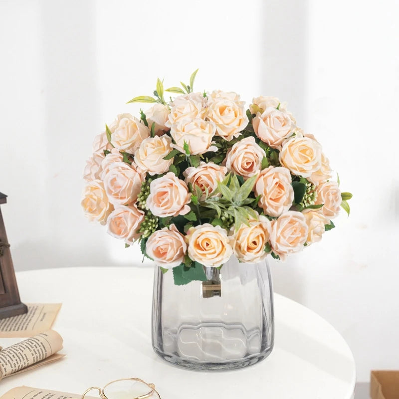 10-Head Artificial White Rose Bouquet Bulk – Silk Fake Flower Bundle for Wedding Decor