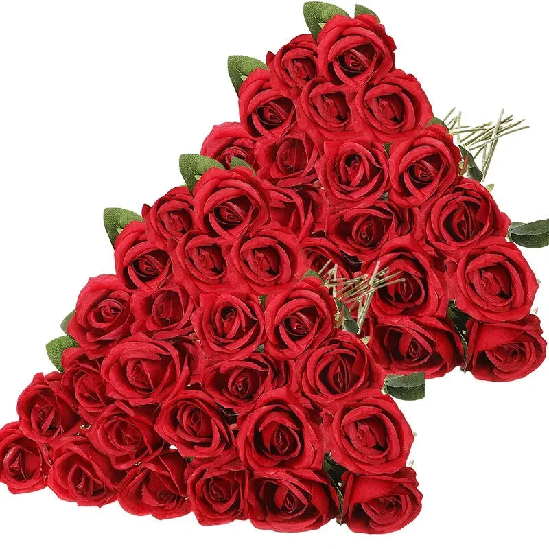 50PCS Bulk Artificial Velvet Roses – Faux Wedding Bouquet Flowers