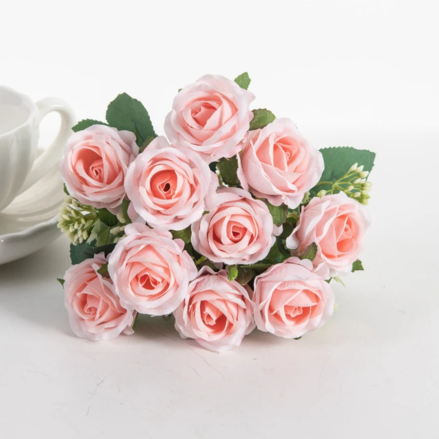 10-Head Artificial White Rose Bouquet Bulk – Silk Fake Flower Bundle for Wedding Decor