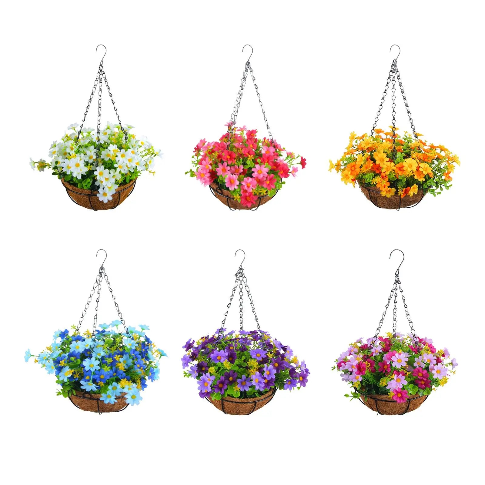 Artificial Hanging Flower Basket with Coconut Liner – Faux Daisy Flower Planter with Chain for Outdoor Patio, Balcony, Porch, Indoor Home Decor