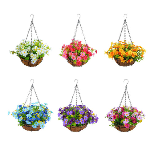 Artificial Hanging Flower Basket with Coconut Liner – Faux Daisy Flower Planter with Chain for Outdoor Patio, Balcony, Porch, Indoor Home Decor