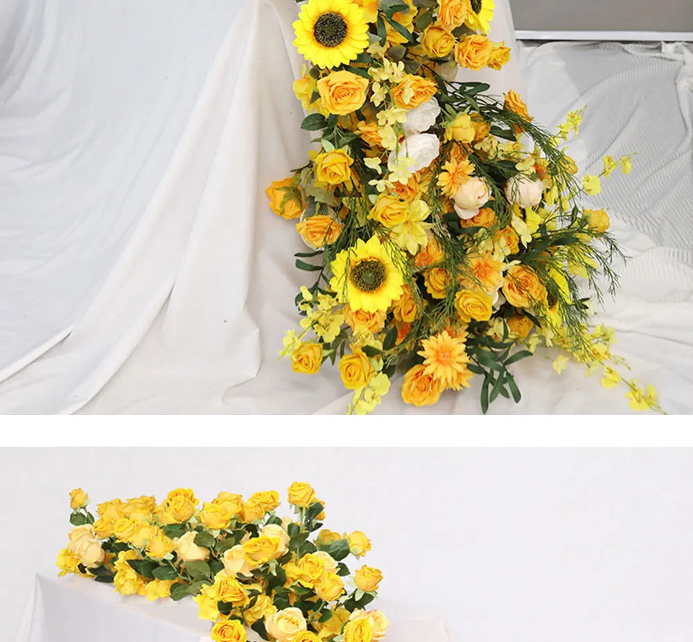Yellow Artificial Flower Row Garland – Silk Wedding Backdrop Floral Arrangement for Ceremony Arch, Table Runner, Stage & Party Decoration