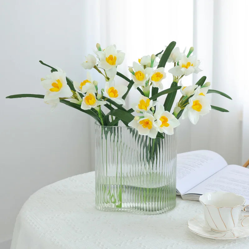10PCS Artificial Daffodil Flowers – White & Yellow Narcissus Silk Faux Spring Flower Branches for Wedding Decor, Home Arrangement, Outdoor & Photography Props