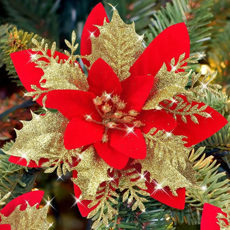 Artificial Poinsettia Flowers Bulk – Red Gold Glitter Christmas Floral