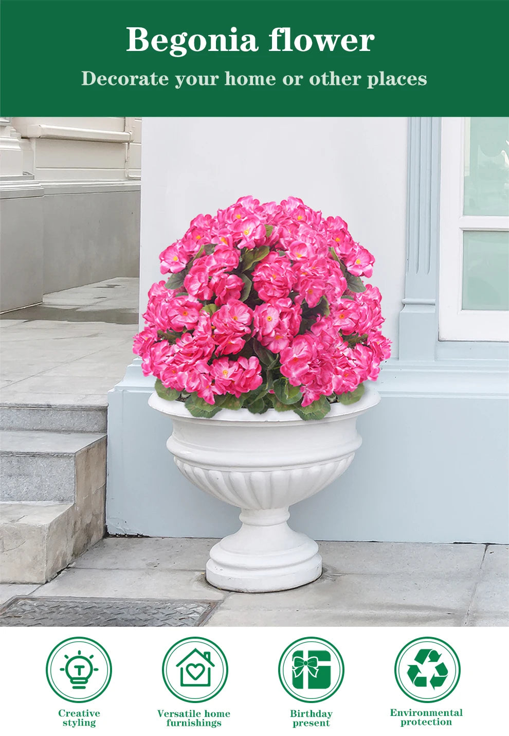 Artificial Begonia Flowers Bulk – Faux Bush Spikes for Outdoor Planters