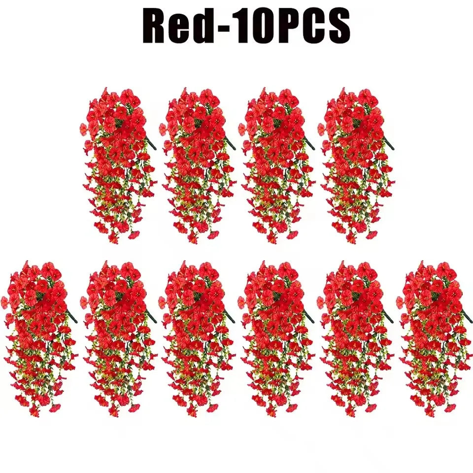 1/10PCS Artificial Morning Glory Hanging Flowers – UV Resistant Faux Petunia Vine Plants for Outdoor Wall, Garden, Porch, Wedding & Home Decor