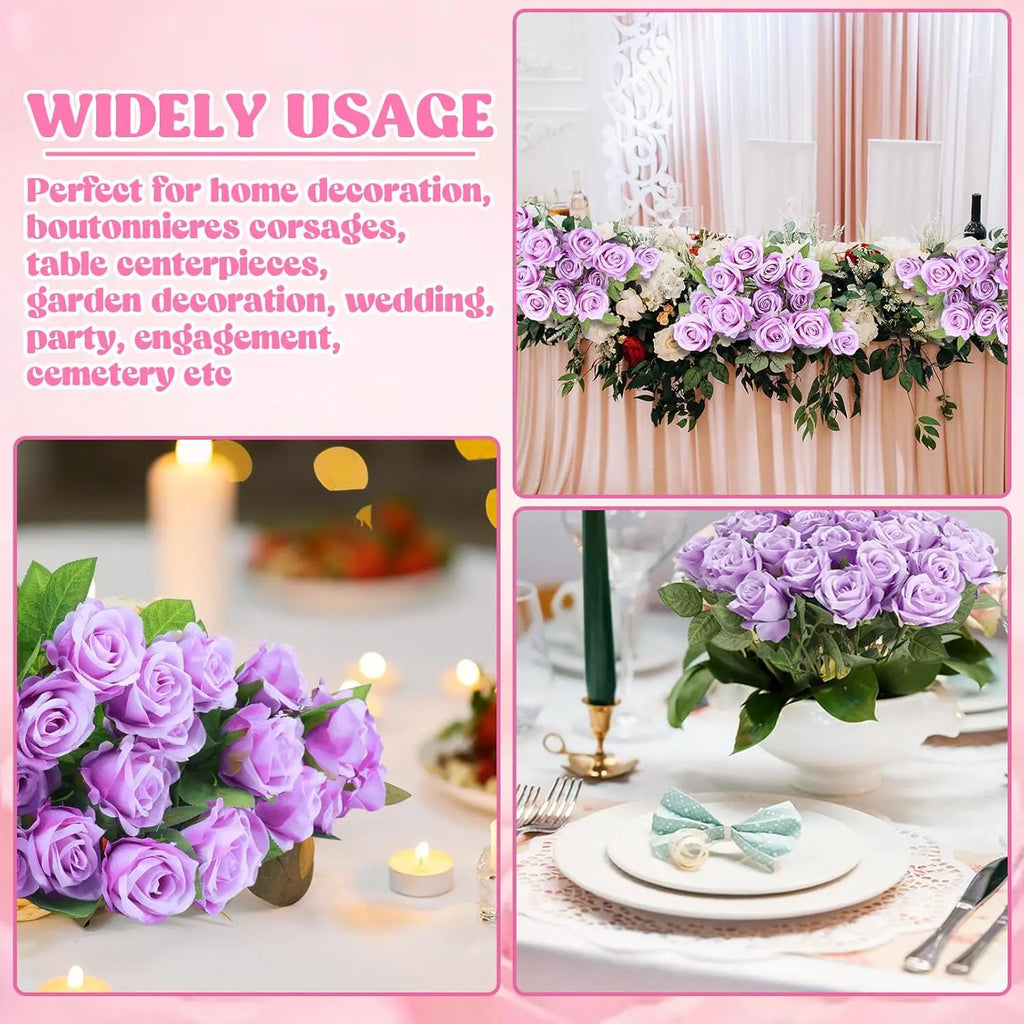 50PCS Bulk Artificial Velvet Roses – Faux Wedding Bouquet Flowers
