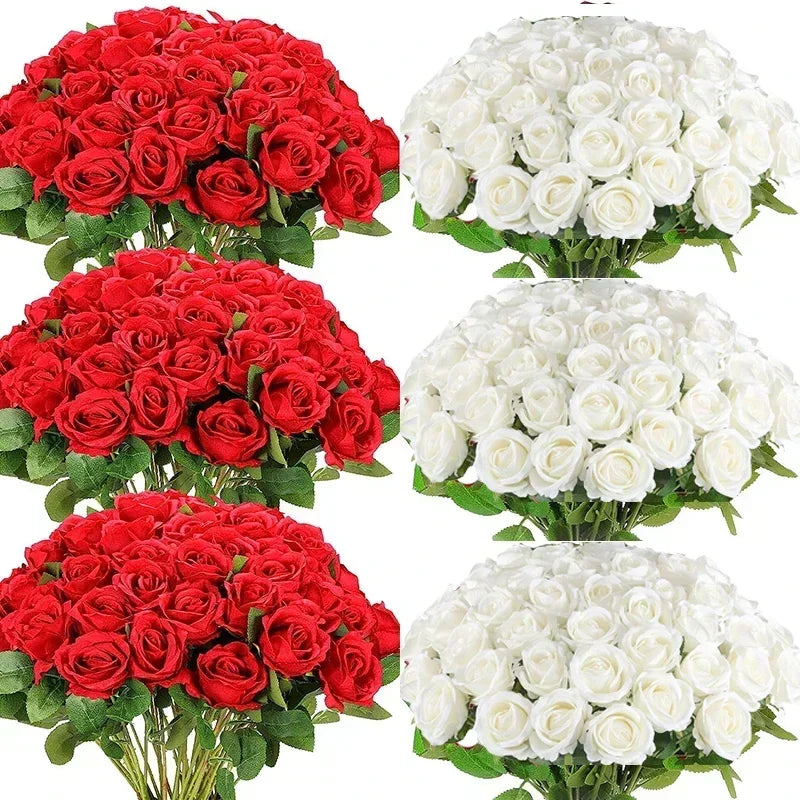 50PCS Bulk Artificial Velvet Roses – Faux Wedding Bouquet Flowers