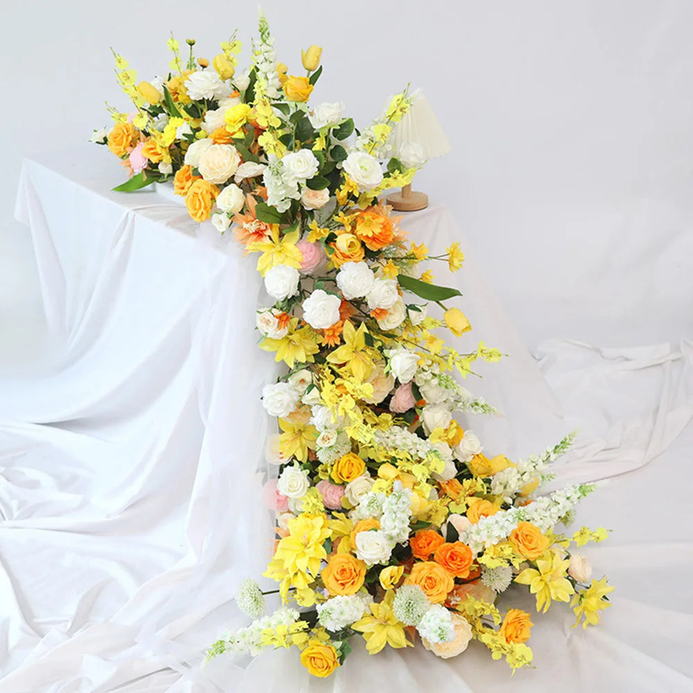 Yellow Artificial Flower Row Garland – Silk Wedding Backdrop Floral Arrangement for Ceremony Arch, Table Runner, Stage & Party Decoration