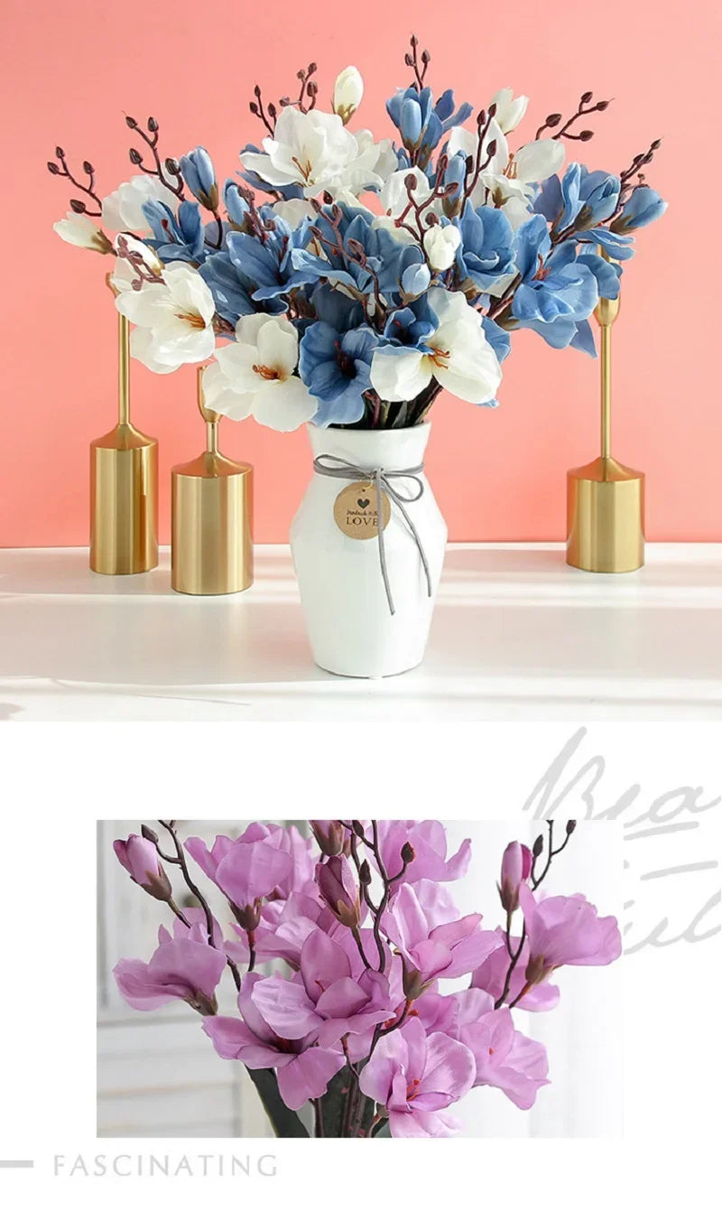 Artificial Magnolia Flower Bouquet – 5 Forks 20 Heads Faux Magnolia Flowers for Wedding Decor, Home Table Centerpieces, Living Room Floral Arrangement
