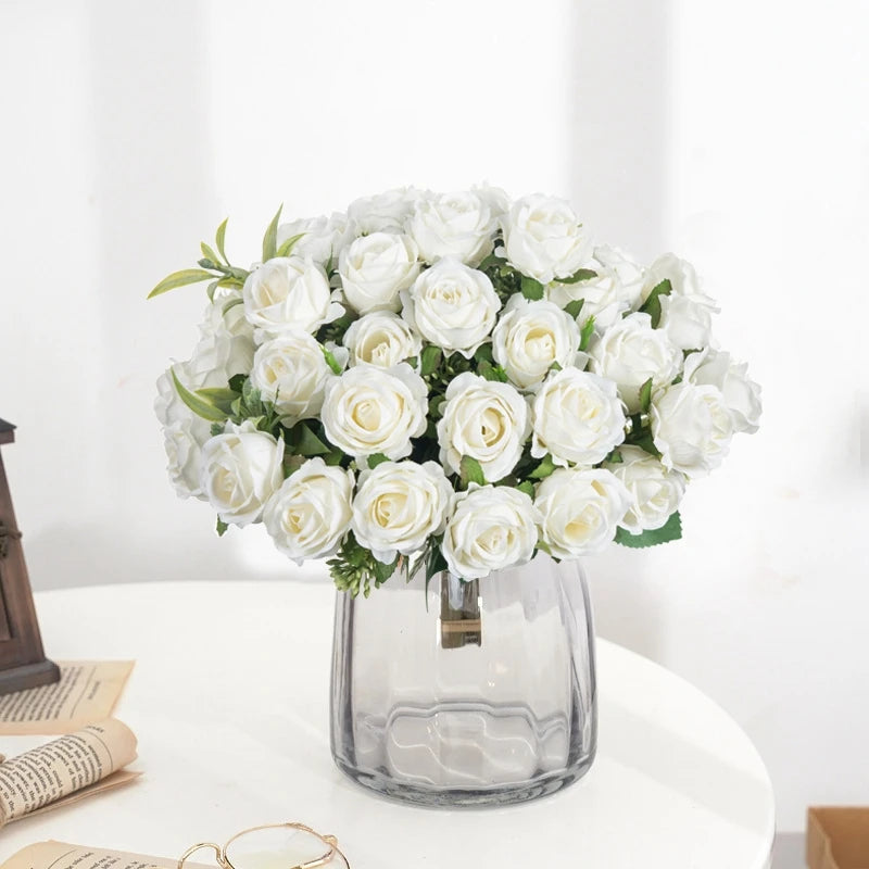 10-Head Artificial White Rose Bouquet Bulk – Silk Fake Flower Bundle for Wedding Decor