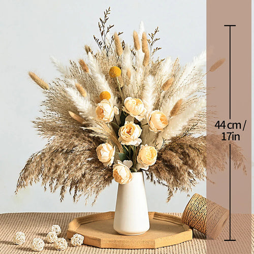 56PCS Artificial Peony & Pampas Grass Bouquet Bulk – Boho Faux Dried Floral Mix