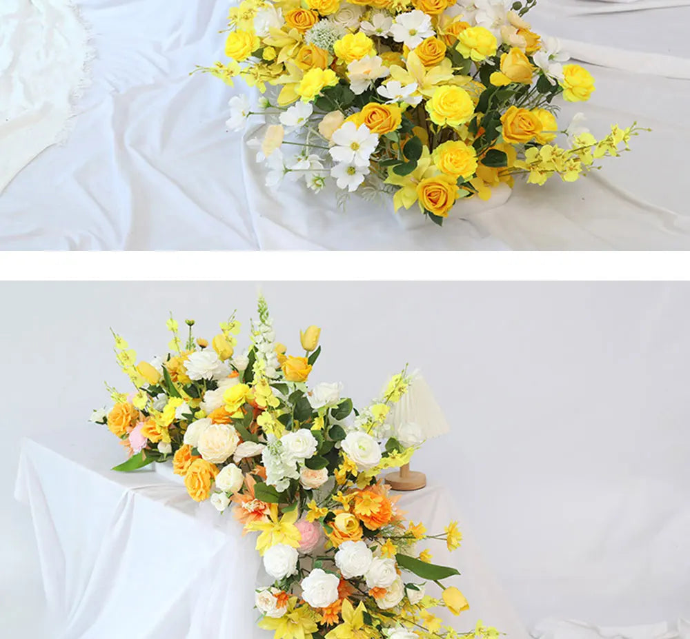 Yellow Artificial Flower Row Garland – Silk Wedding Backdrop Floral Arrangement for Ceremony Arch, Table Runner, Stage & Party Decoration