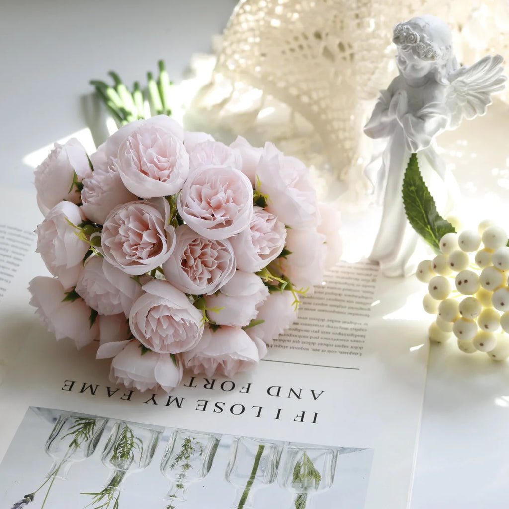 27-Head Artificial Peony & Rose Silk Bouquet Bulk – Rose Pink Arrangement