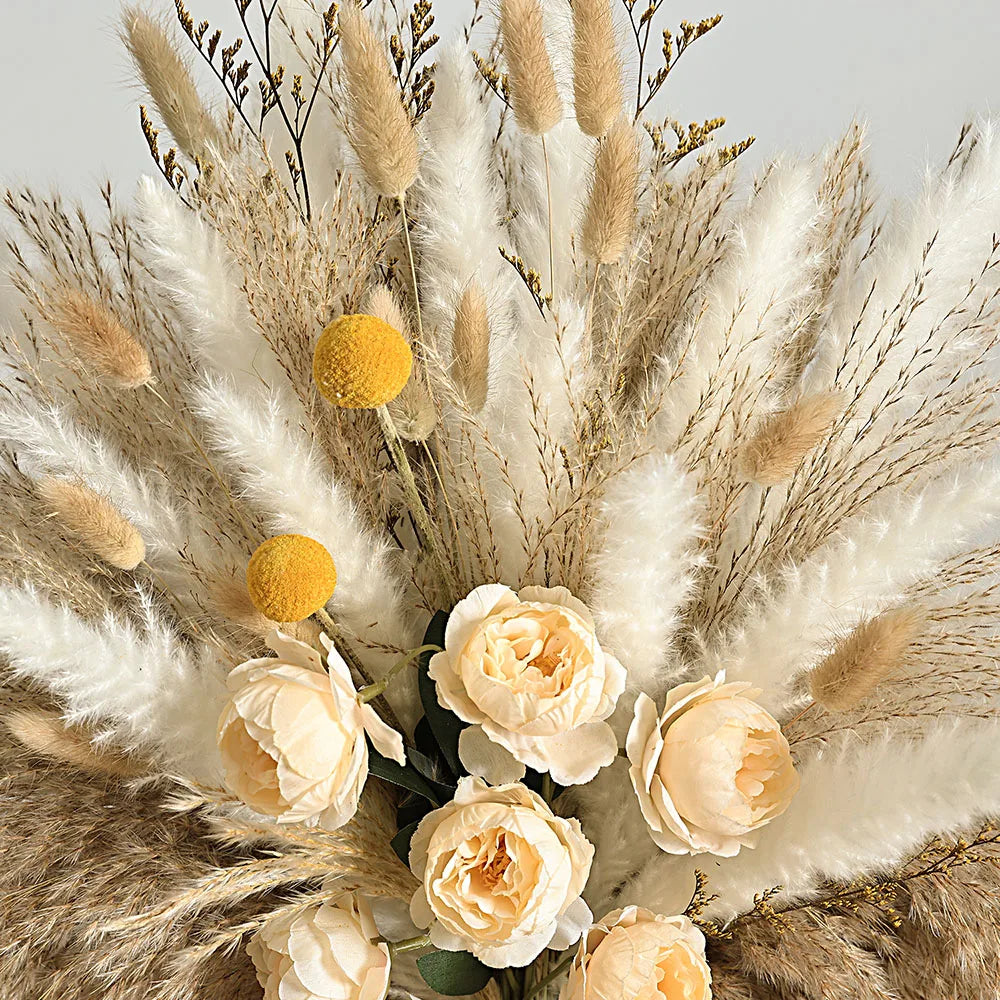 56PCS Artificial Peony & Pampas Grass Bouquet Bulk – Boho Faux Dried Floral Mix