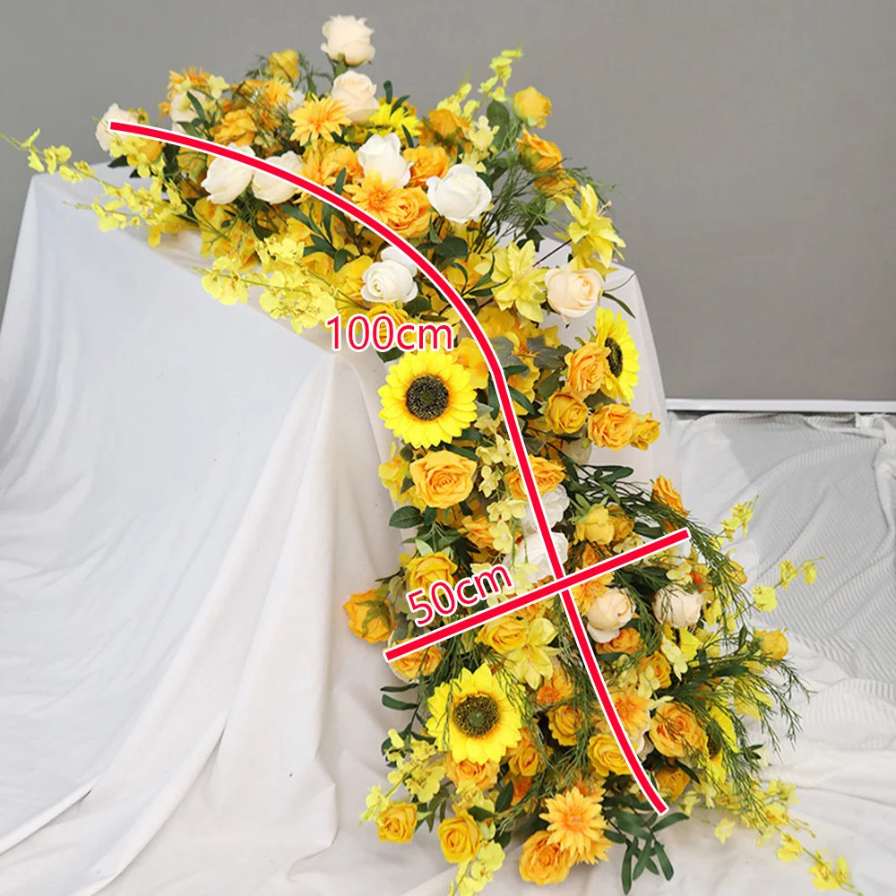Yellow Artificial Flower Row Garland – Silk Wedding Backdrop Floral Arrangement for Ceremony Arch, Table Runner, Stage & Party Decoration