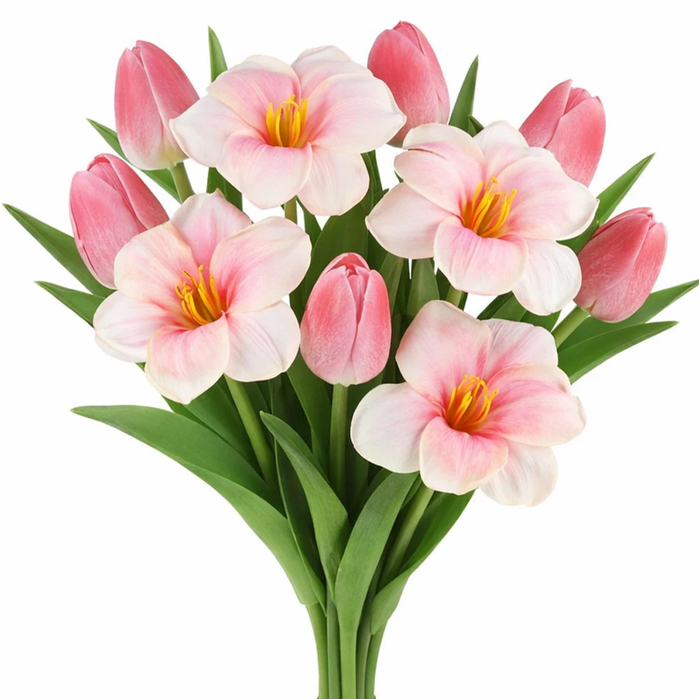 10PCS Mixed Pink Brownie Tulip Bouquet – PU Artificial Tulip Flowers for Wedding Centerpieces, Home Room Decor, Indoor Vase Arrangements & Mother’s Day Gifts