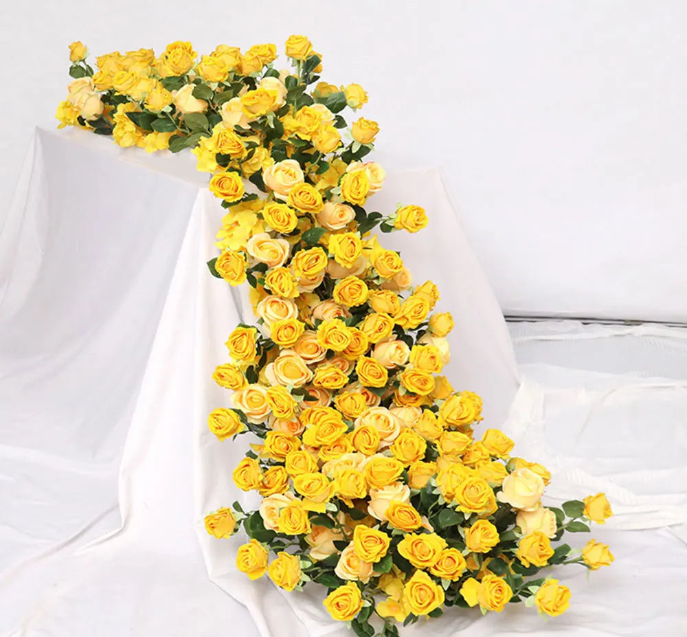 Yellow Artificial Flower Row Garland – Silk Wedding Backdrop Floral Arrangement for Ceremony Arch, Table Runner, Stage & Party Decoration