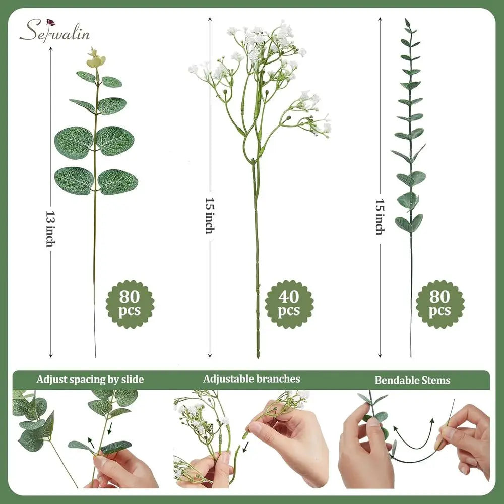 200PCS Artificial Eucalyptus & Baby’s Breath Bulk Stems
